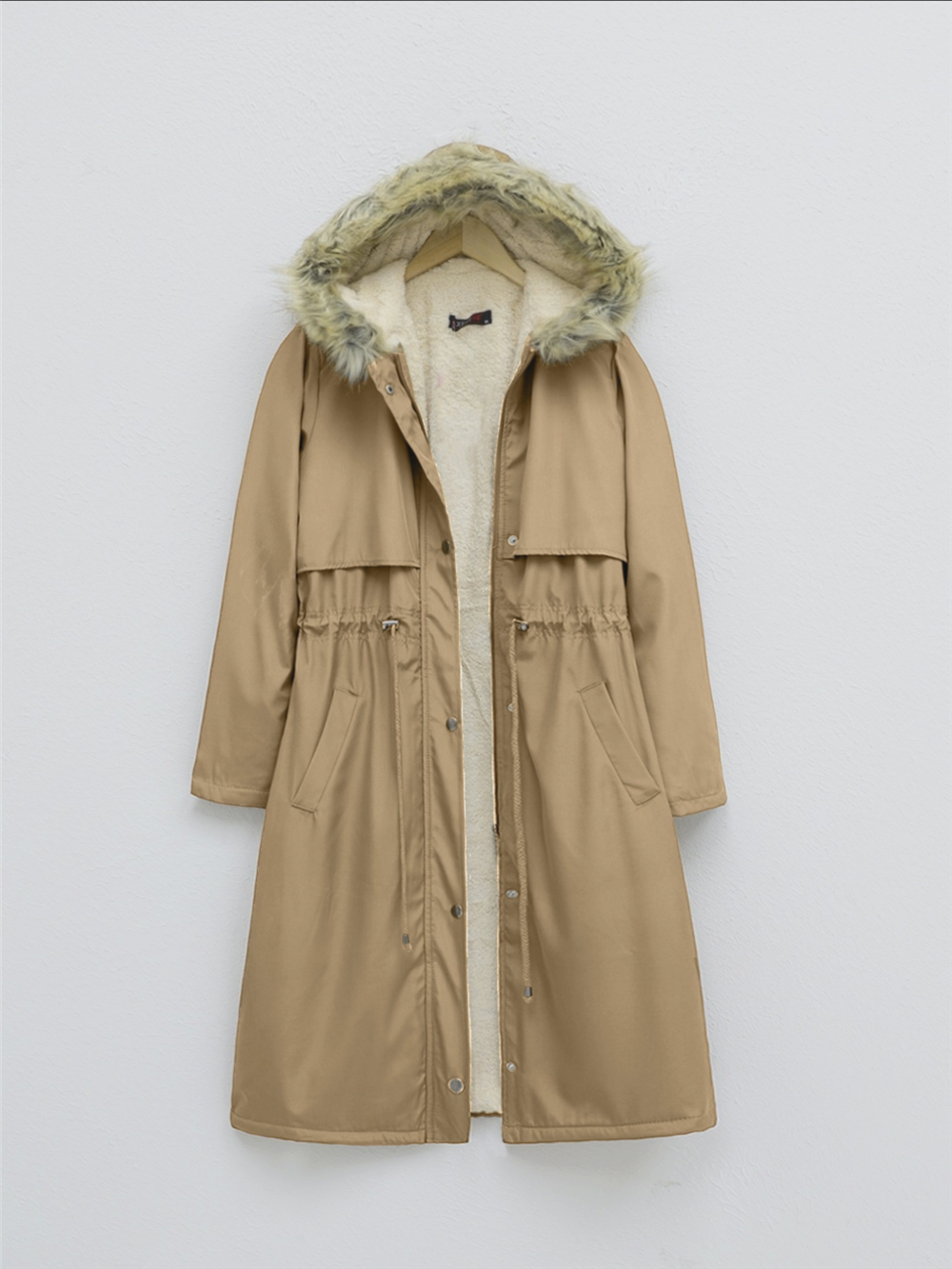 Long Coat with Plush Inside, Fixed Hoodie and Tunnel Lace -Mink Color-148-2357-R23