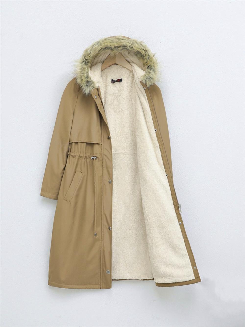 Long Coat with Plush Inside, Fixed Hoodie and Tunnel Lace -Mink Color-148-2357-R23