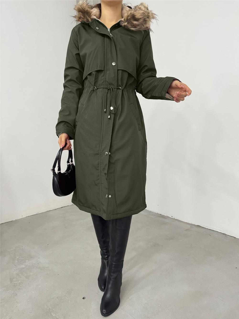 Long Coat with Plush Inside, Fixed Hood, Tunnel Lace -Khaki-148-2357-R05