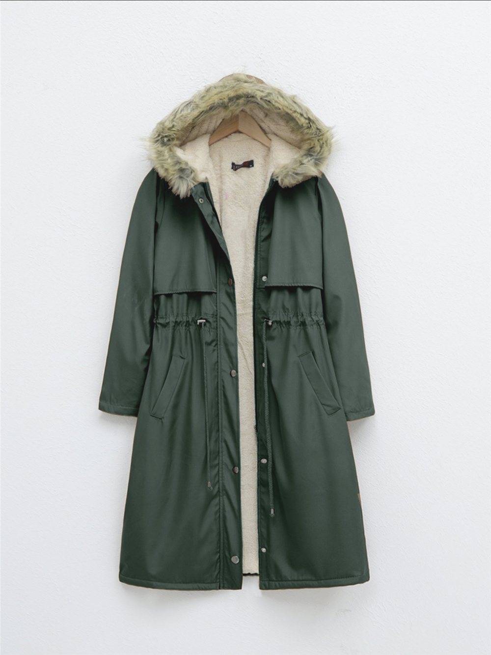 Long Coat with Plush Inside, Fixed Hood, Tunnel Lace -Khaki-148-2357-R05