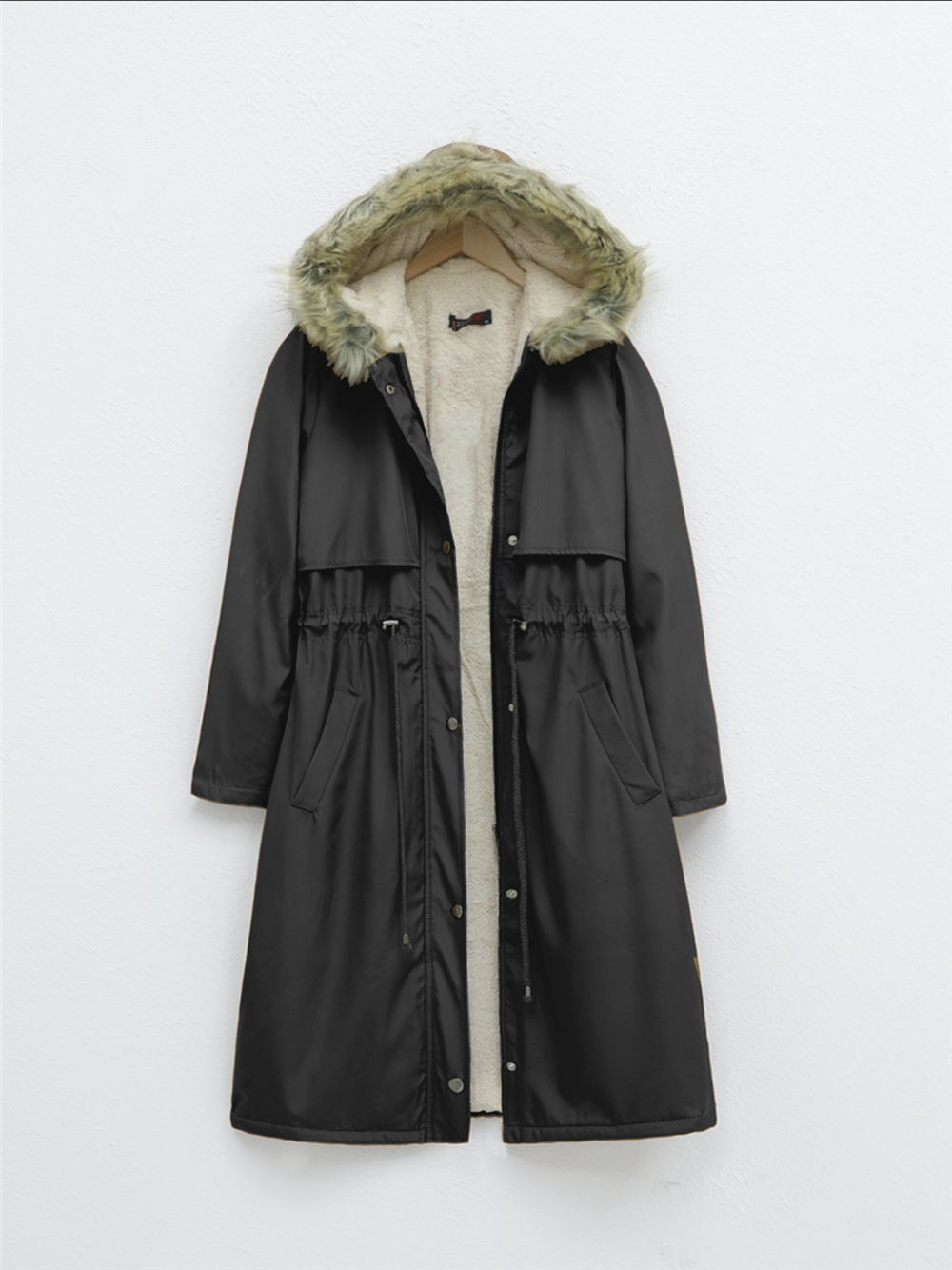 Long Coat with Plush Inside, Fixed Hoodie and Tunnel Lace -Black-148-2357-R01