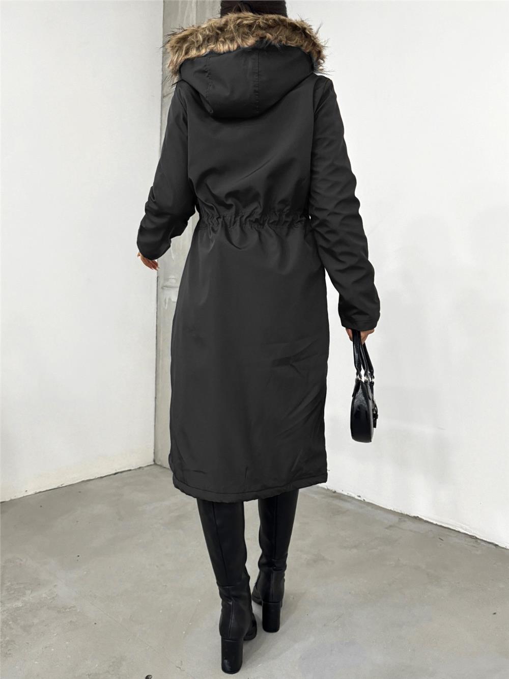 Long Coat with Plush Inside, Fixed Hoodie and Tunnel Lace -Black-148-2357-R01