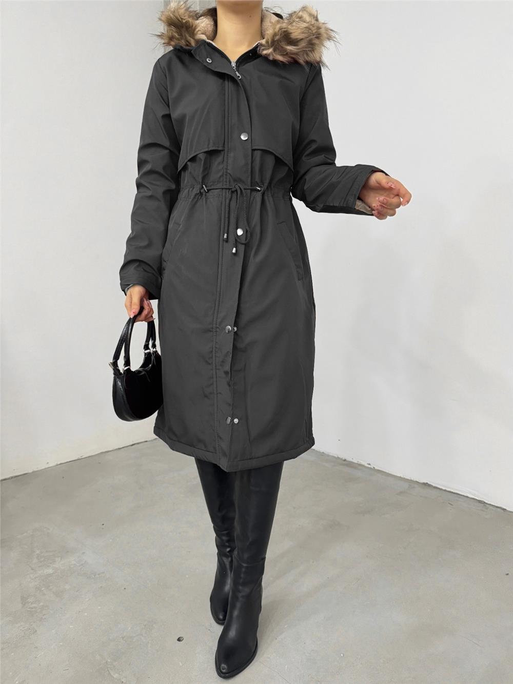 Long Coat with Plush Inside, Fixed Hoodie and Tunnel Lace -Black-148-2357-R01