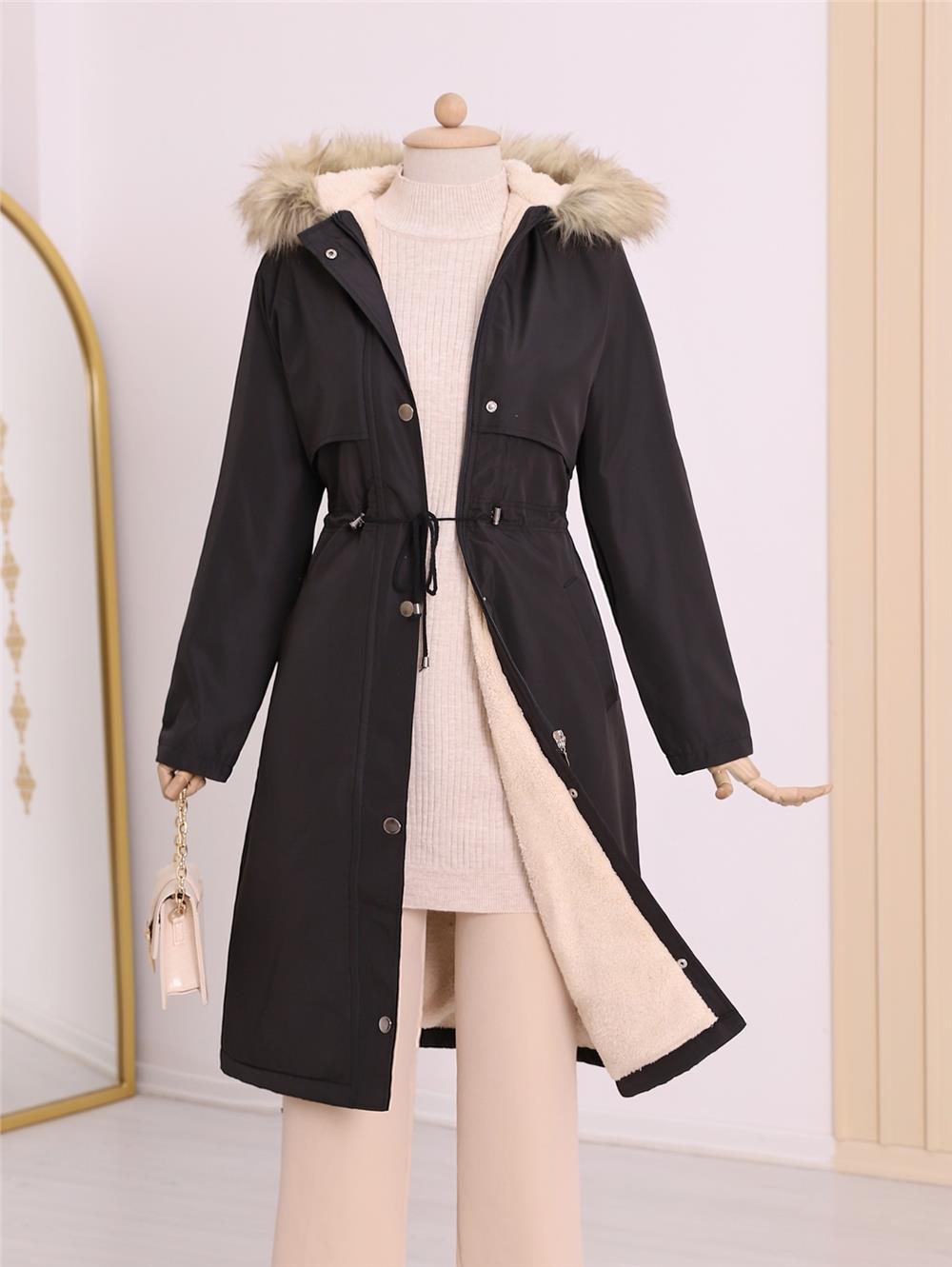 Long Coat with Plush Inside, Fixed Hoodie and Tunnel Lace -Black-148-2357-R01