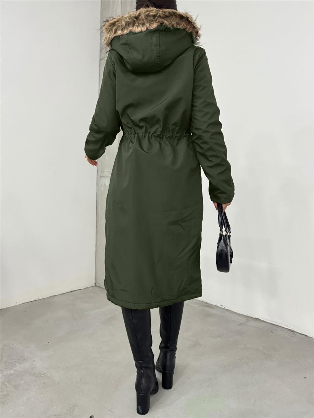 Long Coat with Plush Inside, Fixed Hood, Tunnel Lace -Khaki-148-2357-R05