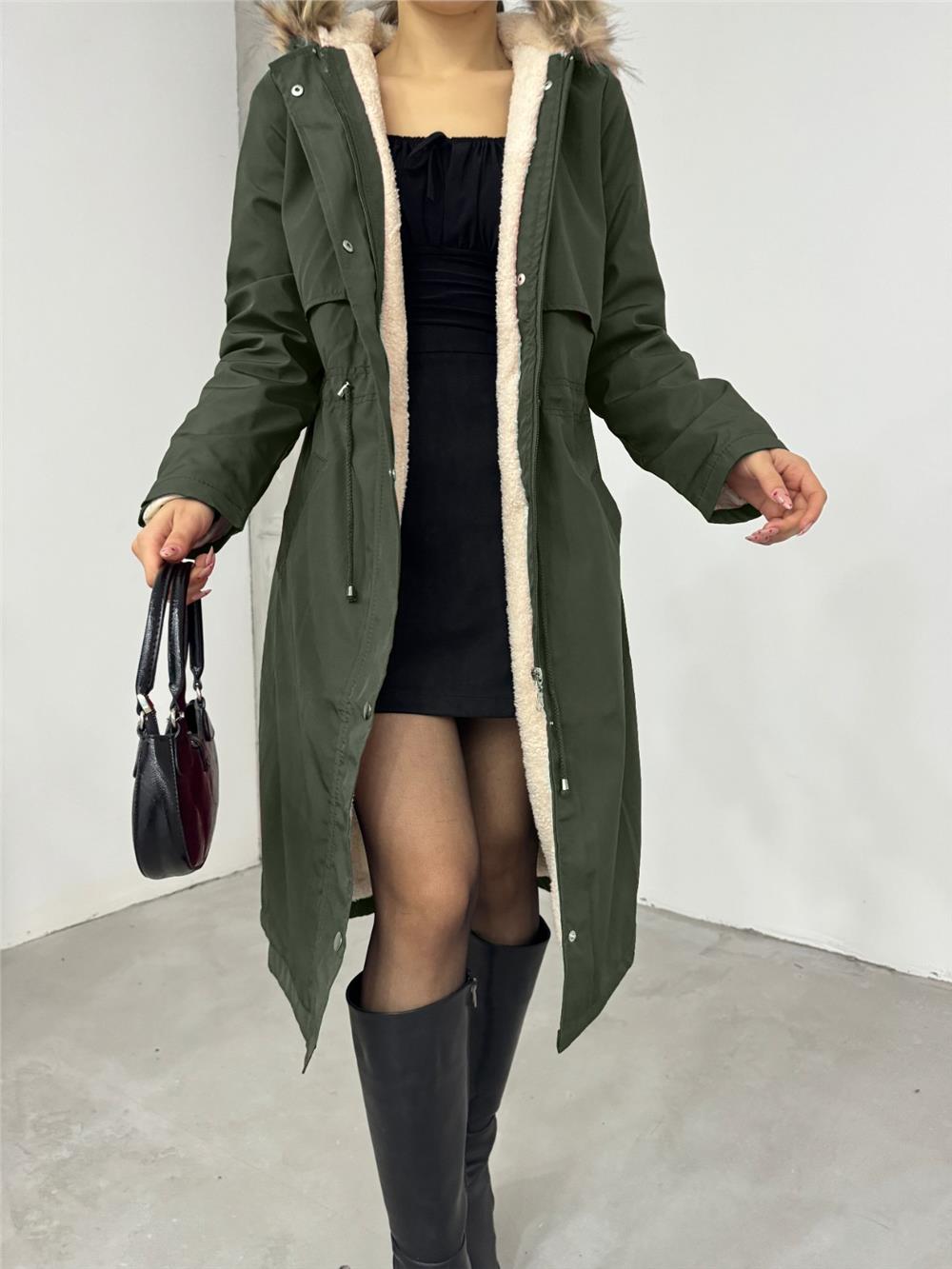 Long Coat with Plush Inside, Fixed Hood, Tunnel Lace -Khaki-148-2357-R05
