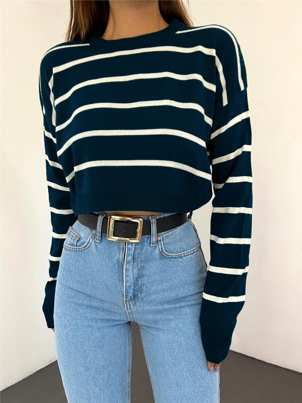 Thin Striped Crop Knitwear Sweater - Navy Blue-351-3950-R03