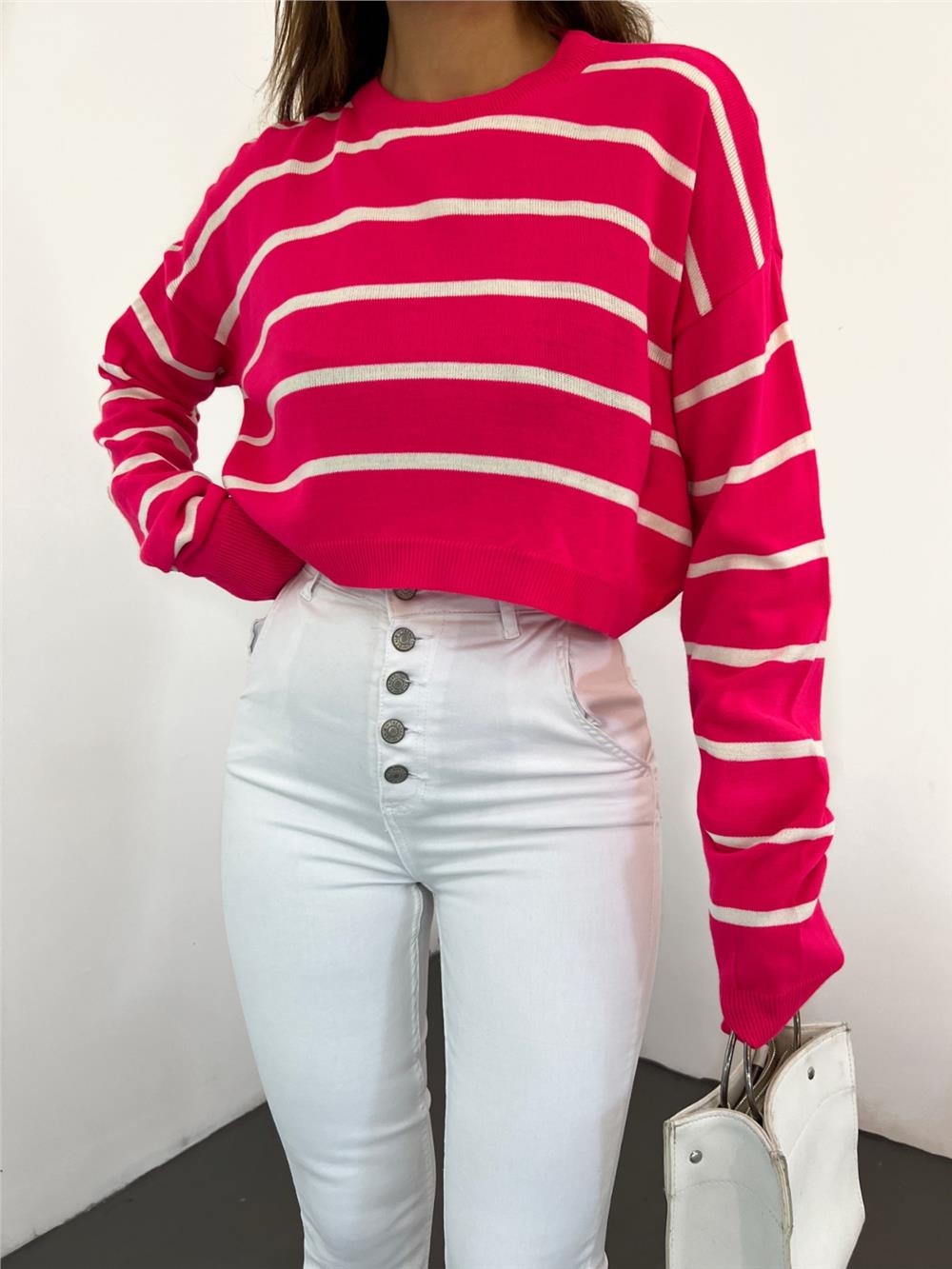 Fine Striped Crop Knitwear Sweater -Pomegranate Flower-351-3950-R40