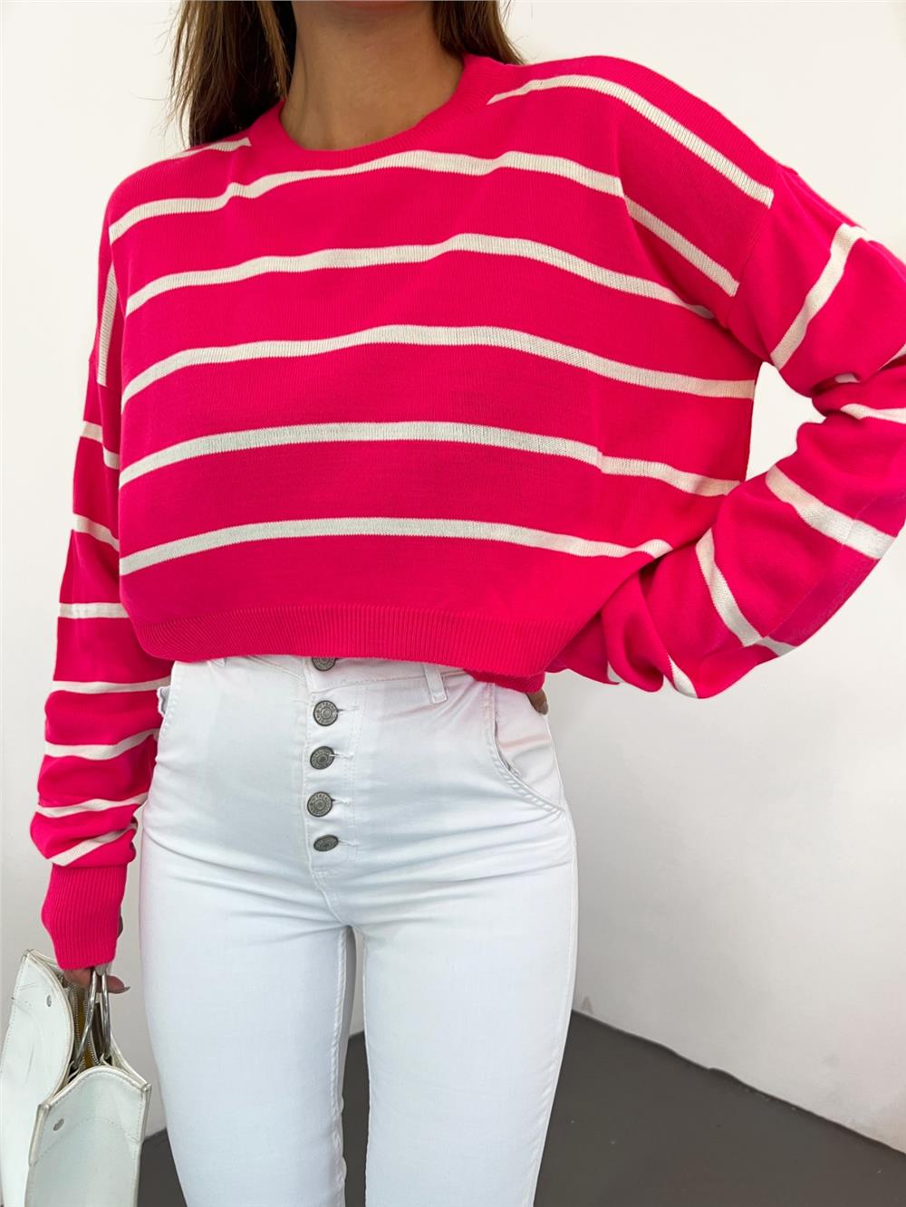 Fine Striped Crop Knitwear Sweater -Pomegranate Flower-351-3950-R40