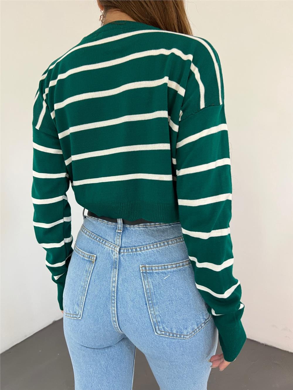 Fine Striped Crop Knitwear Sweater - Emerald-351-3950-R17