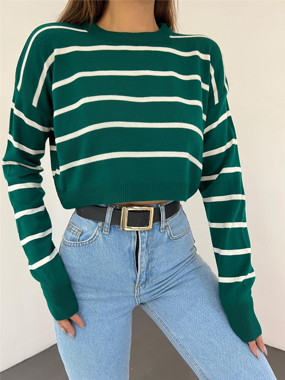 Fine Striped Crop Knitwear Sweater - Emerald-351-3950-R17