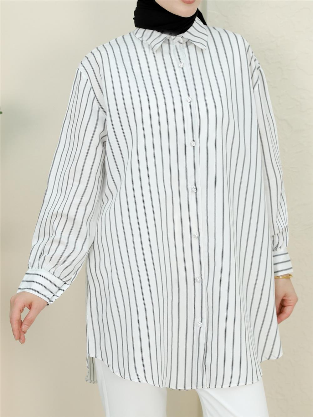 Fine Striped Stoned Buttoned Casual Shirt -White-223-6255-R02