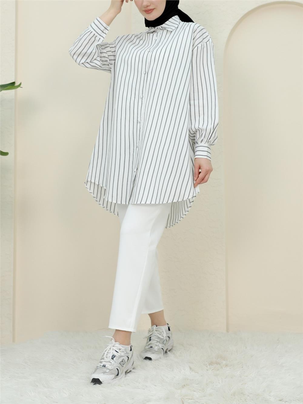 Fine Striped Stoned Buttoned Casual Shirt -White-223-6255-R02