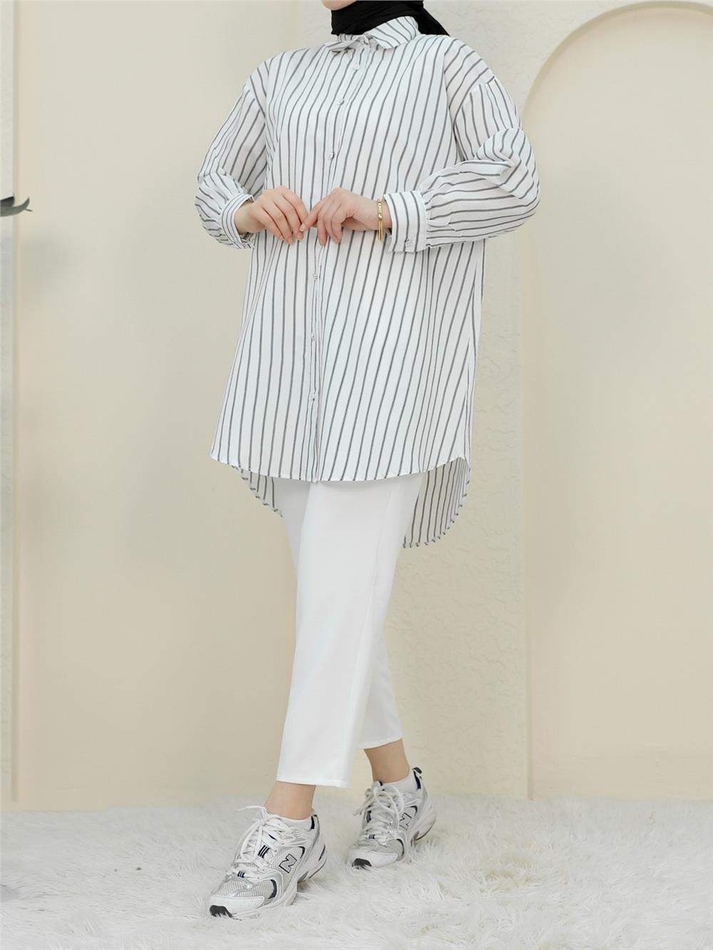 Fine Striped Stoned Buttoned Casual Shirt -White-223-6255-R02