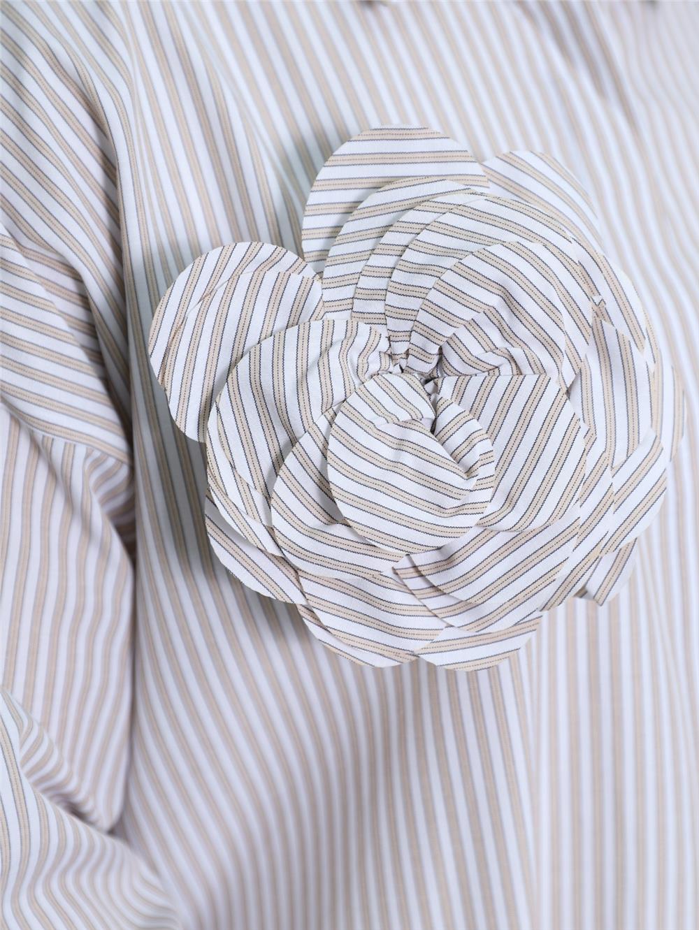 Pearl Button Striped Brooch Shirt -Beige-111-22001-R56