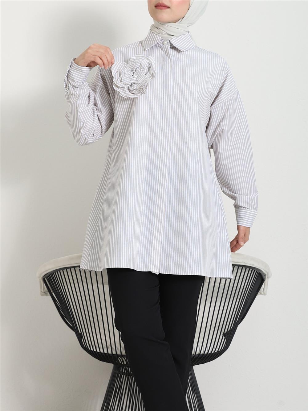Pearl Button Striped Brooch Shirt -Beige-111-22001-R56
