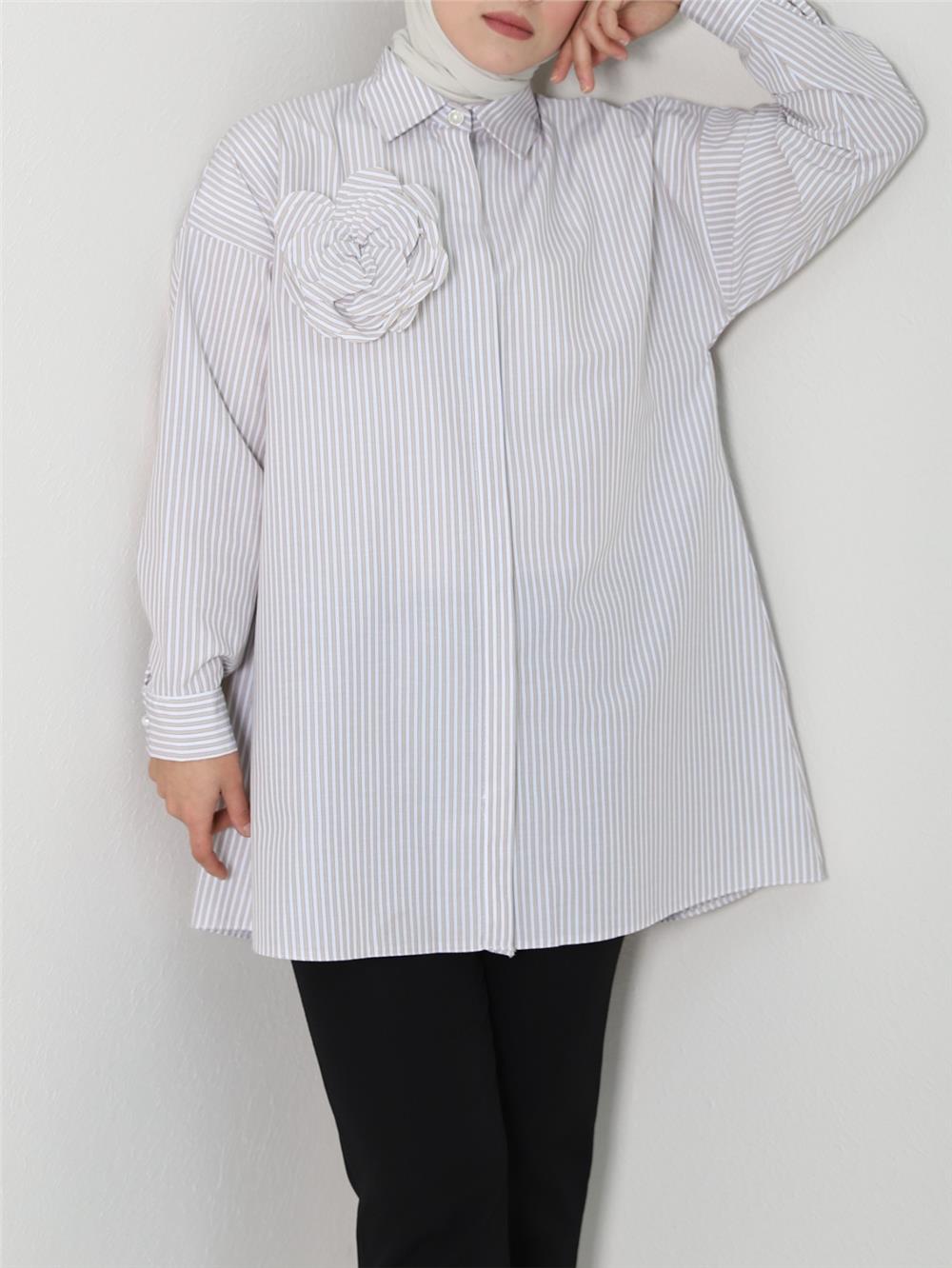 Pearl Button Striped Brooch Shirt -Beige-111-22001-R56