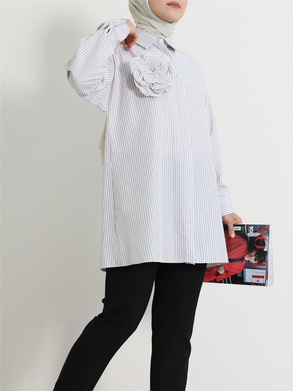 Pearl Button Striped Brooch Shirt -Beige-111-22001-R56