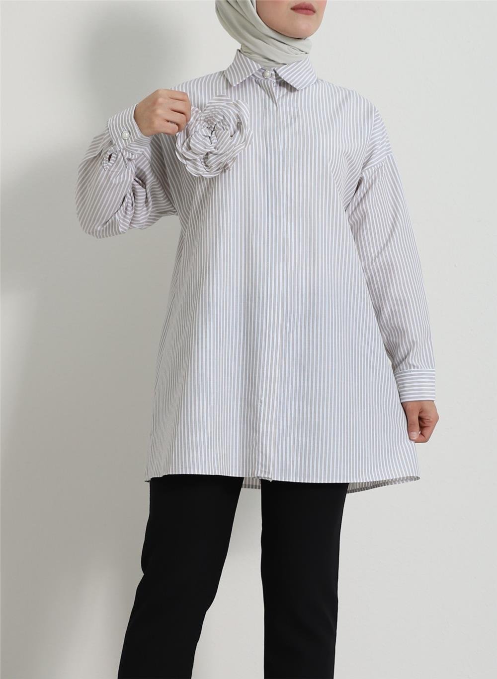 Pearl Button Striped Brooch Shirt -Beige-111-22001-R56