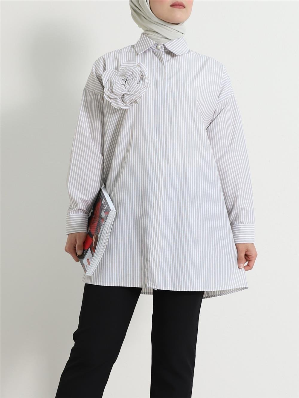 Pearl Button Striped Brooch Shirt -Beige-111-22001-R56