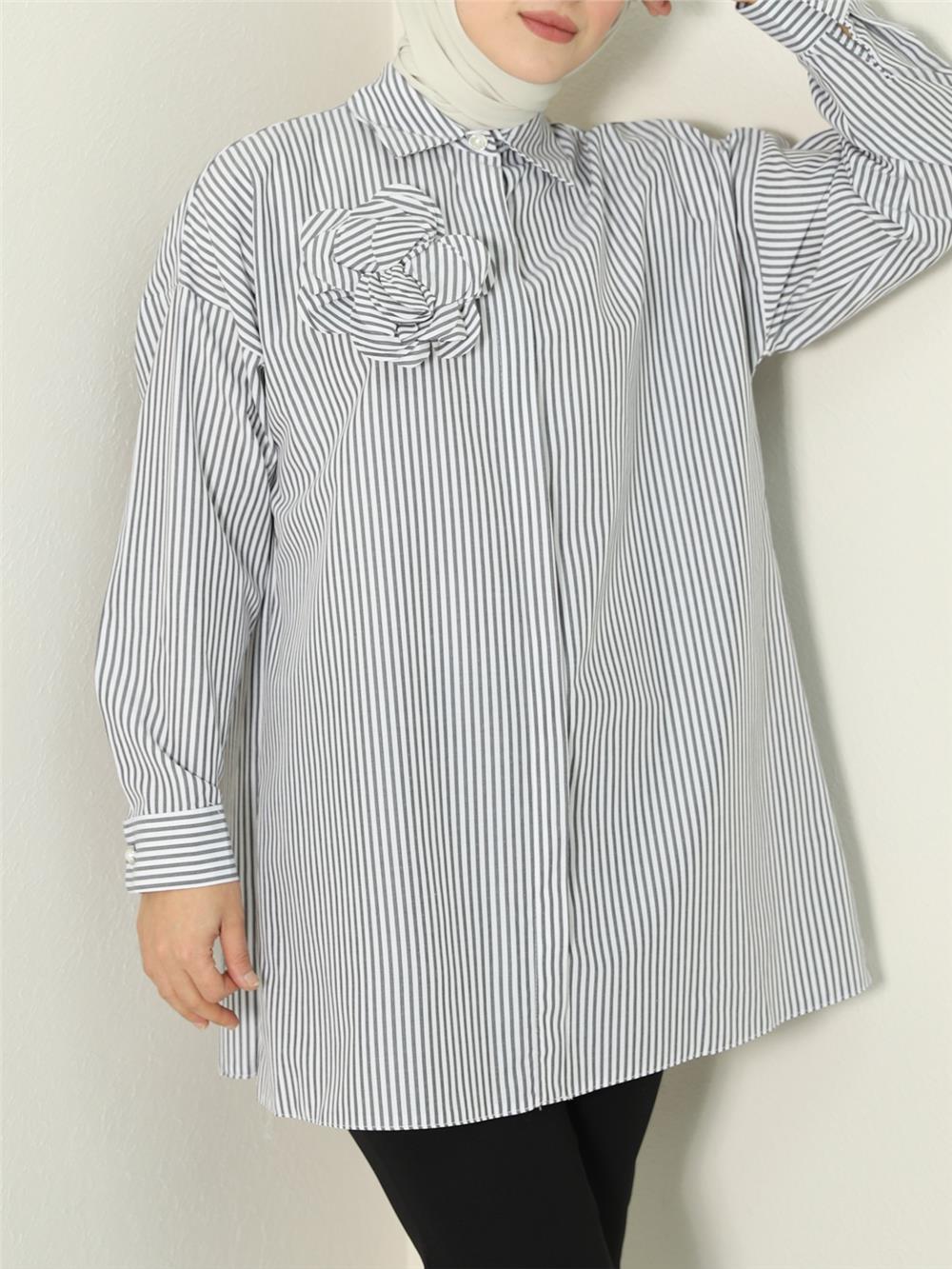 Pearl Button Striped Brooch Shirt -Black-111-22001-R01