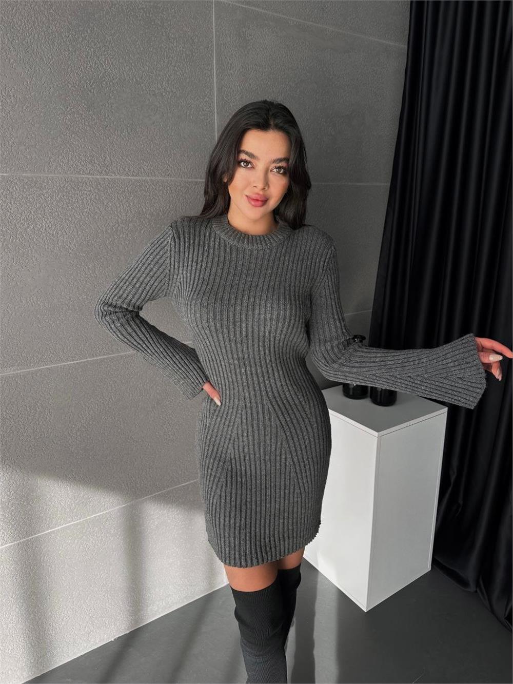 Spanish Sleeve Crew Neck Knitwear Dress - Smoked-385-2966-R18