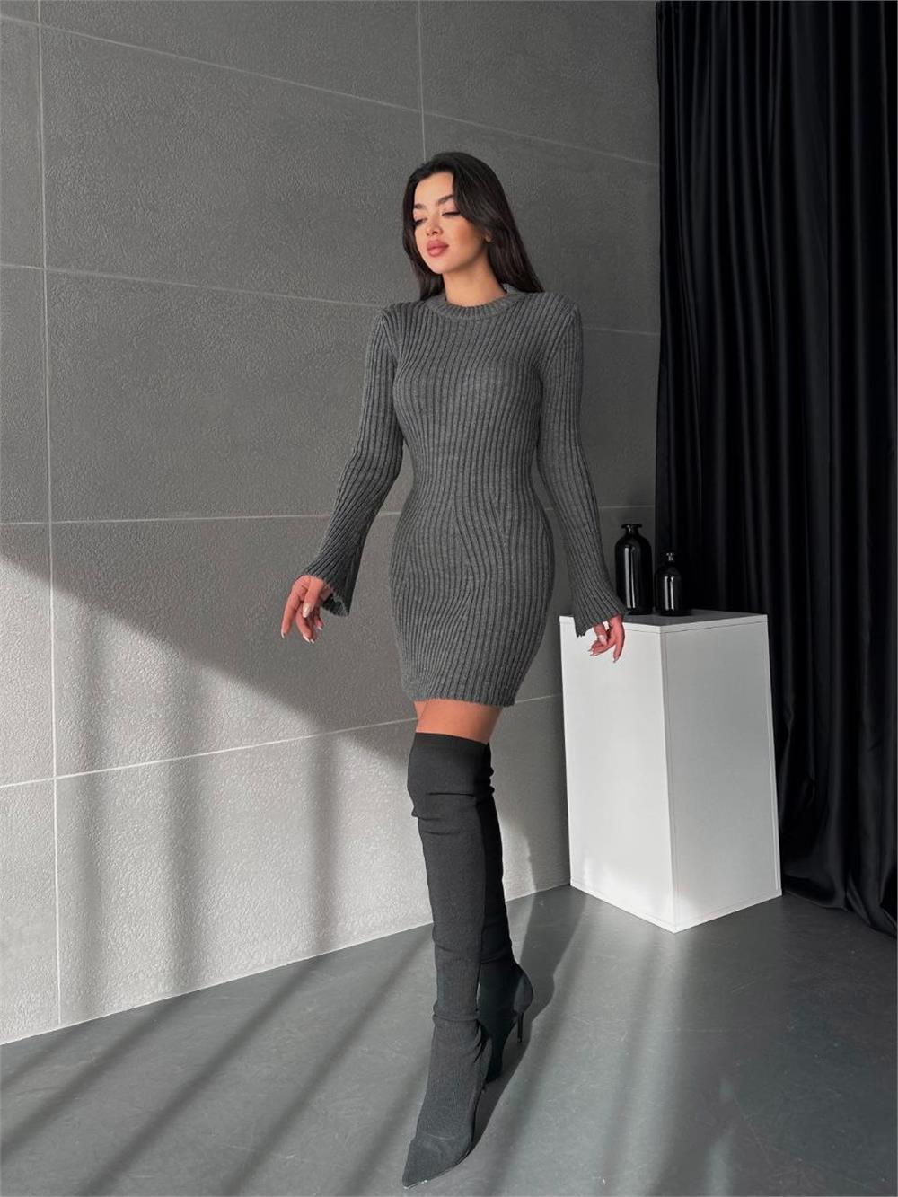 Spanish Sleeve Crew Neck Knitwear Dress - Smoked-385-2966-R18