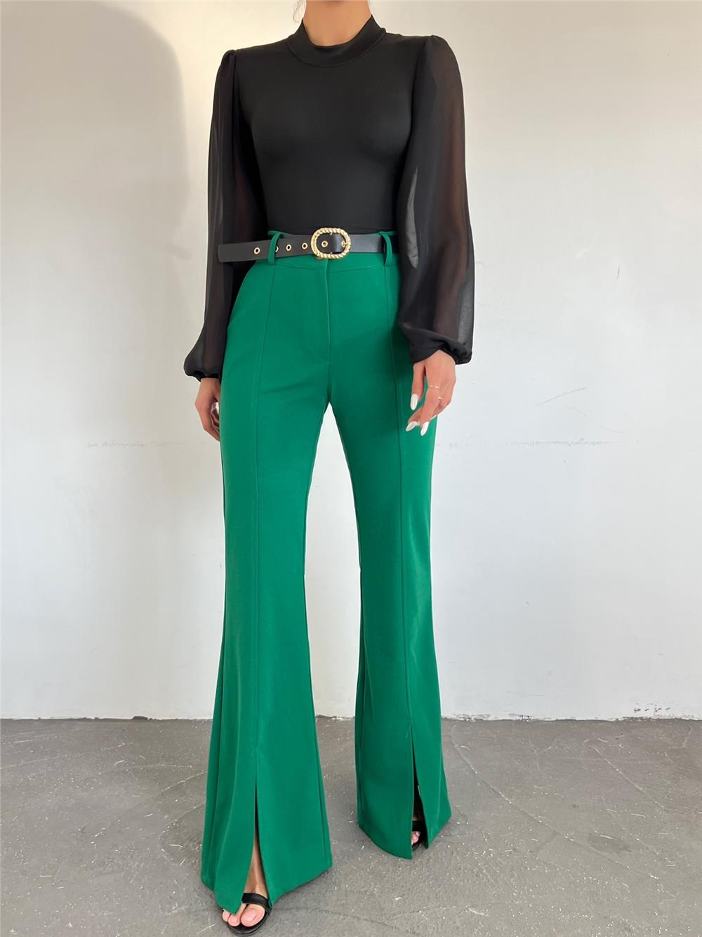 Flared Leg Slit Belted Trousers -Green-186-082-R35