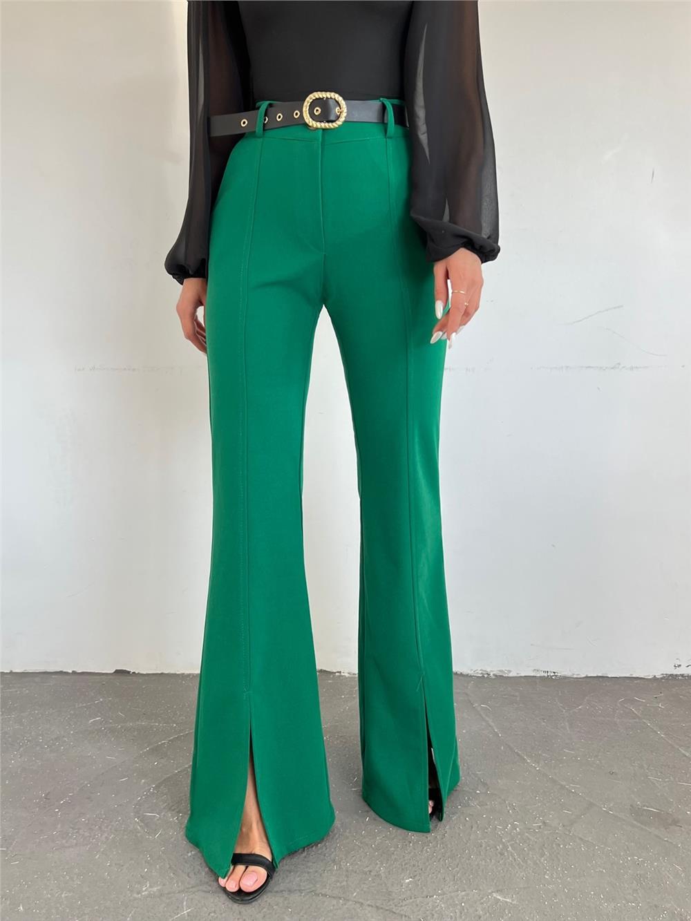 Flared Leg Slit Belted Trousers -Green-186-082-R35