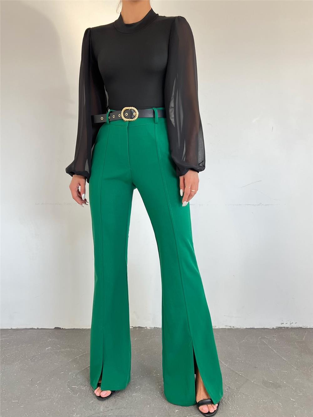 Flared Leg Slit Belted Trousers -Green-186-082-R35
