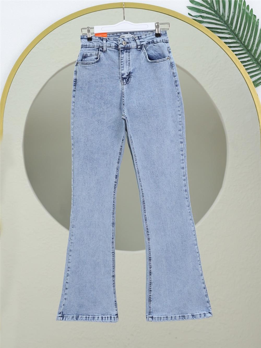 İspanyol Paça Yüksek Bel Kot Pantolon   -Buz Mavi-136-2307-R37