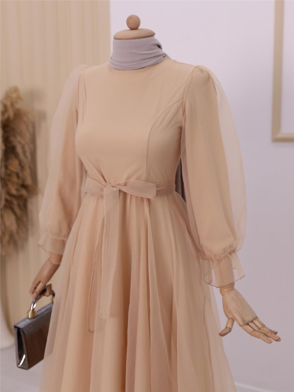 Belted Tulle Evening Dress with Fluffy Sleeves and Skirt -Beige-111-61076-R56