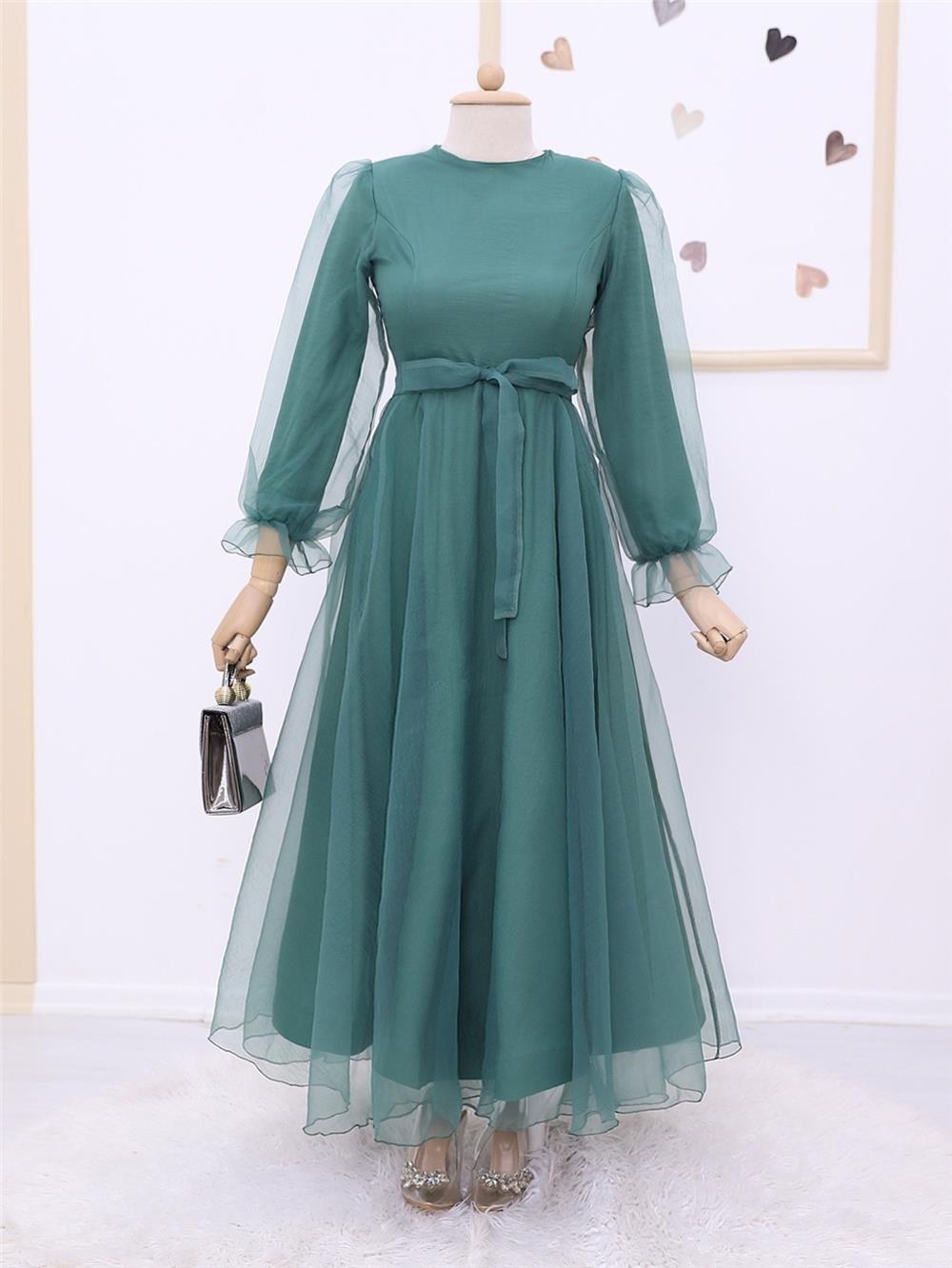 Belted Tulle Evening Dress with Fluffy Sleeves and Skirt -Mint Color-111-61076-R24