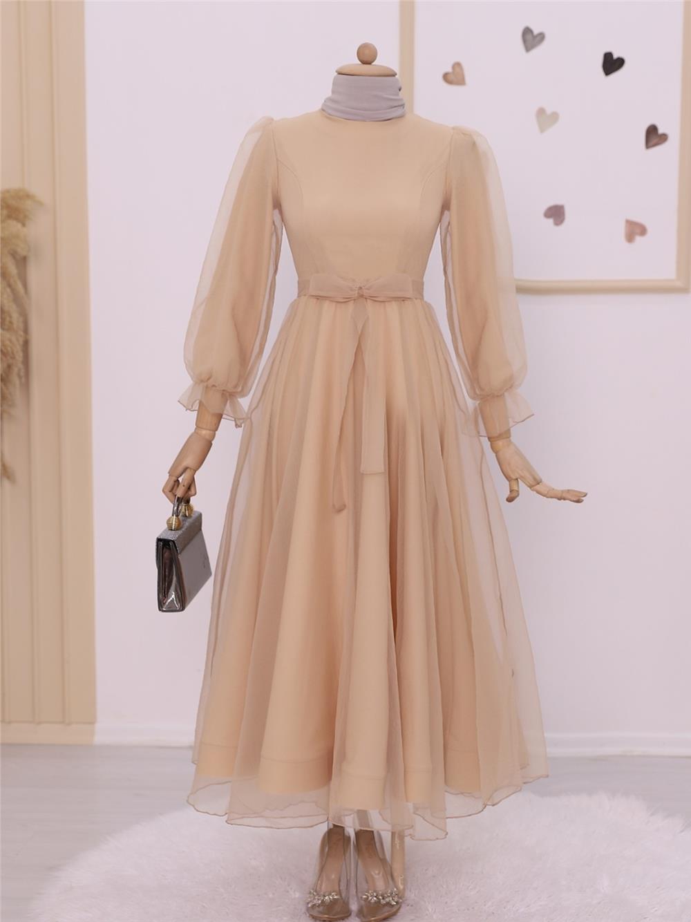 Belted Tulle Evening Dress with Fluffy Sleeves and Skirt -Beige-111-61076-R56