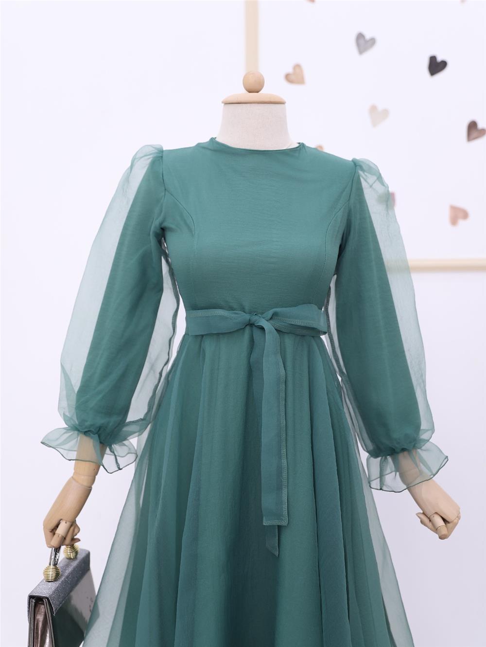 Belted Tulle Evening Dress with Fluffy Sleeves and Skirt -Mint Color-111-61076-R24