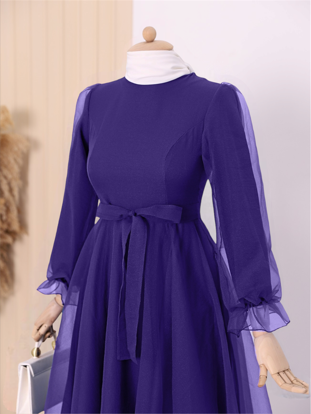 Belted Tulle Evening Dress with Puffy Sleeves and Skirt -Lilac-111-61076-R42