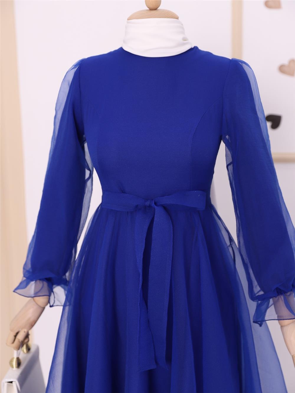 Belted Tulle Evening Dress with Fluffy Sleeves and Skirt -Saxe-111-61076-R10
