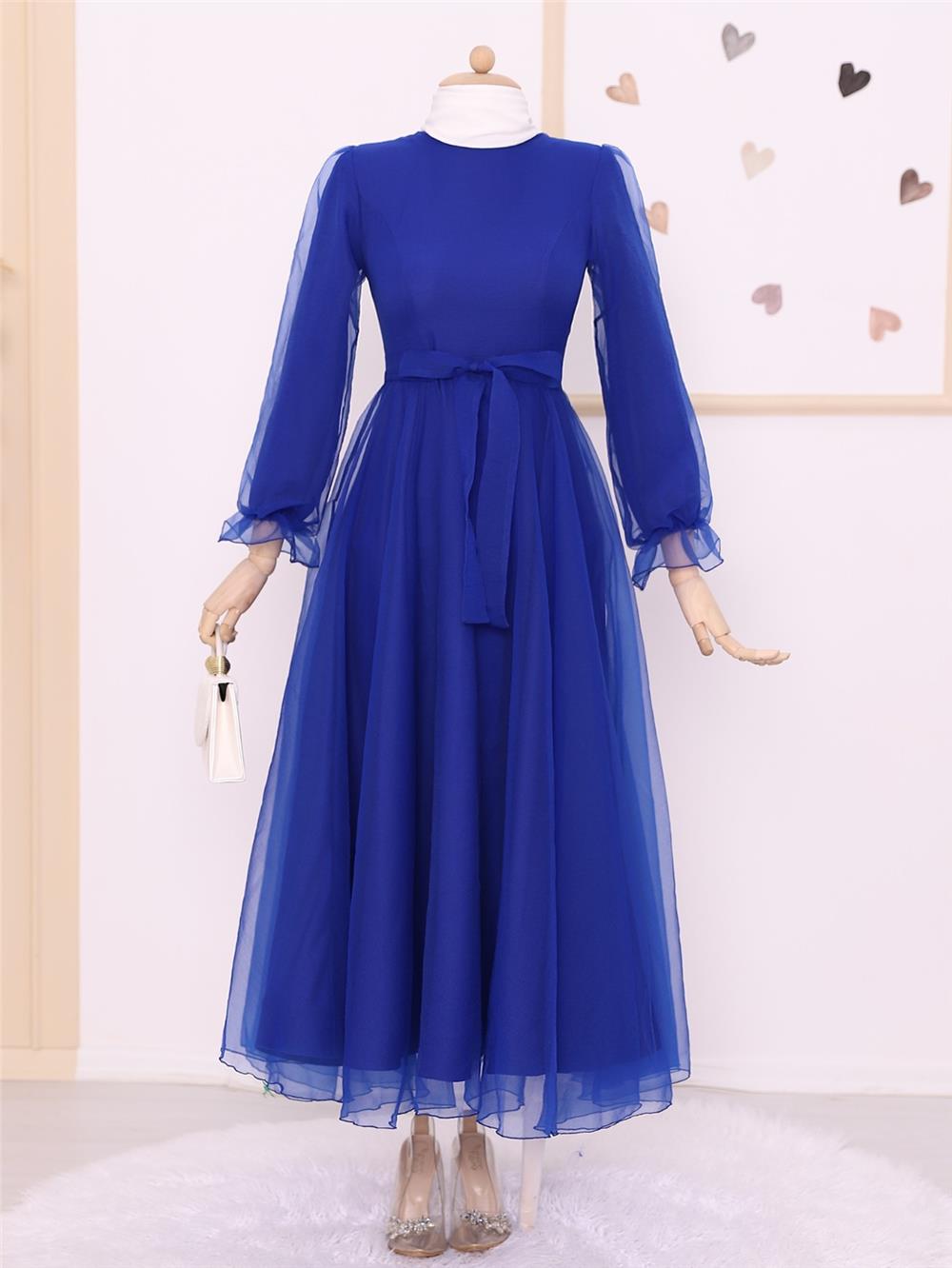 Belted Tulle Evening Dress with Fluffy Sleeves and Skirt -Saxe-111-61076-R10