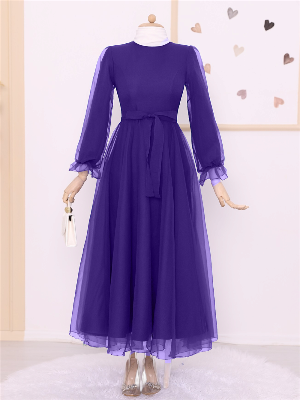 Belted Tulle Evening Dress with Puffy Sleeves and Skirt -Lilac-111-61076-R42