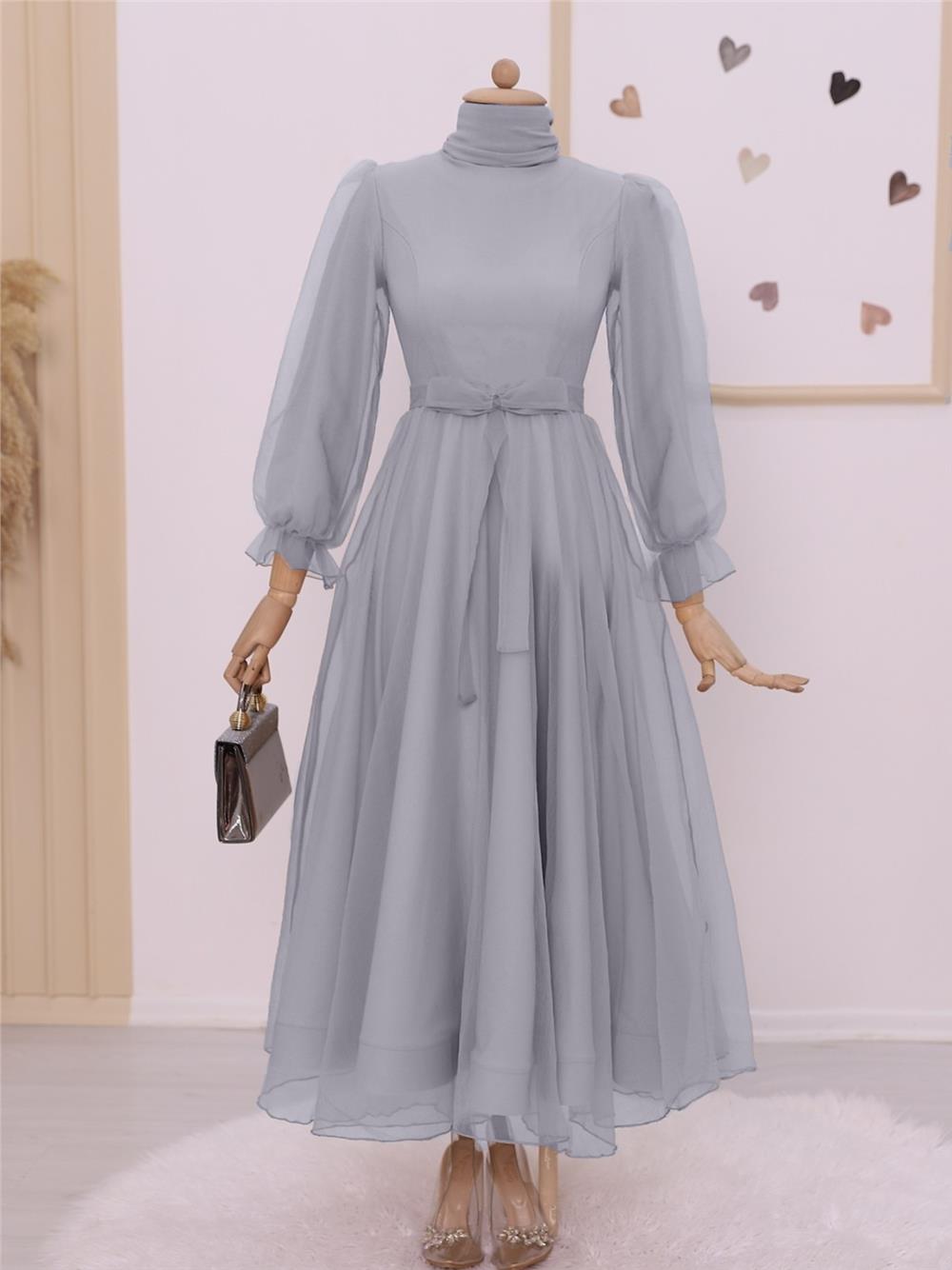 Belted Tulle Evening Dress with Puffy Sleeves and Skirt - Gray-111-61076-R11
