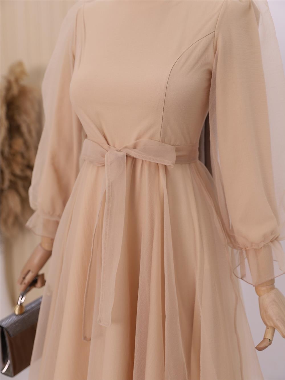 Belted Tulle Evening Dress with Fluffy Sleeves and Skirt -Beige-111-61076-R56