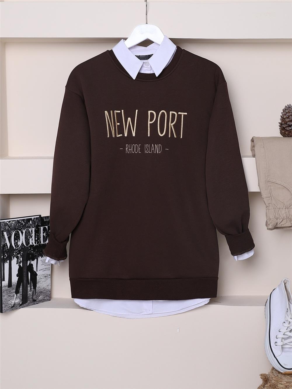 Embossed Embroidered Text Sweat - Brown-357-3041-R15