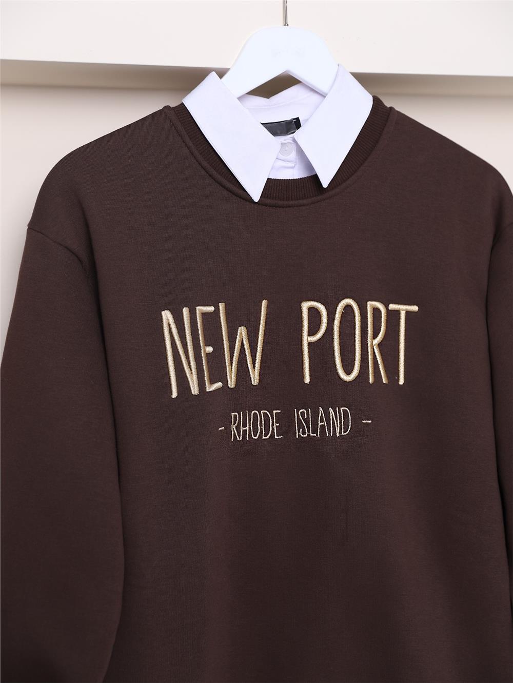 Embossed Embroidered Text Sweat - Brown-357-3041-R15