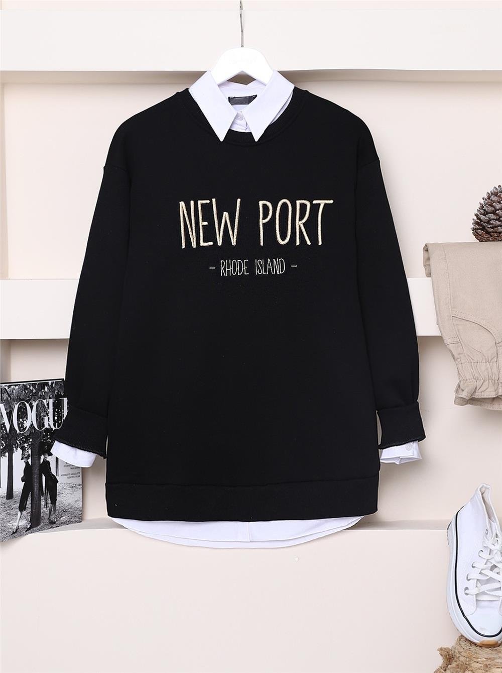 Embossed Embroidered Text Sweat - Black-357-3041-R01