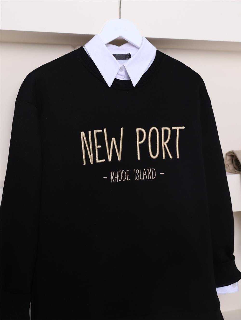 Embossed Embroidered Text Sweat - Black-357-3041-R01