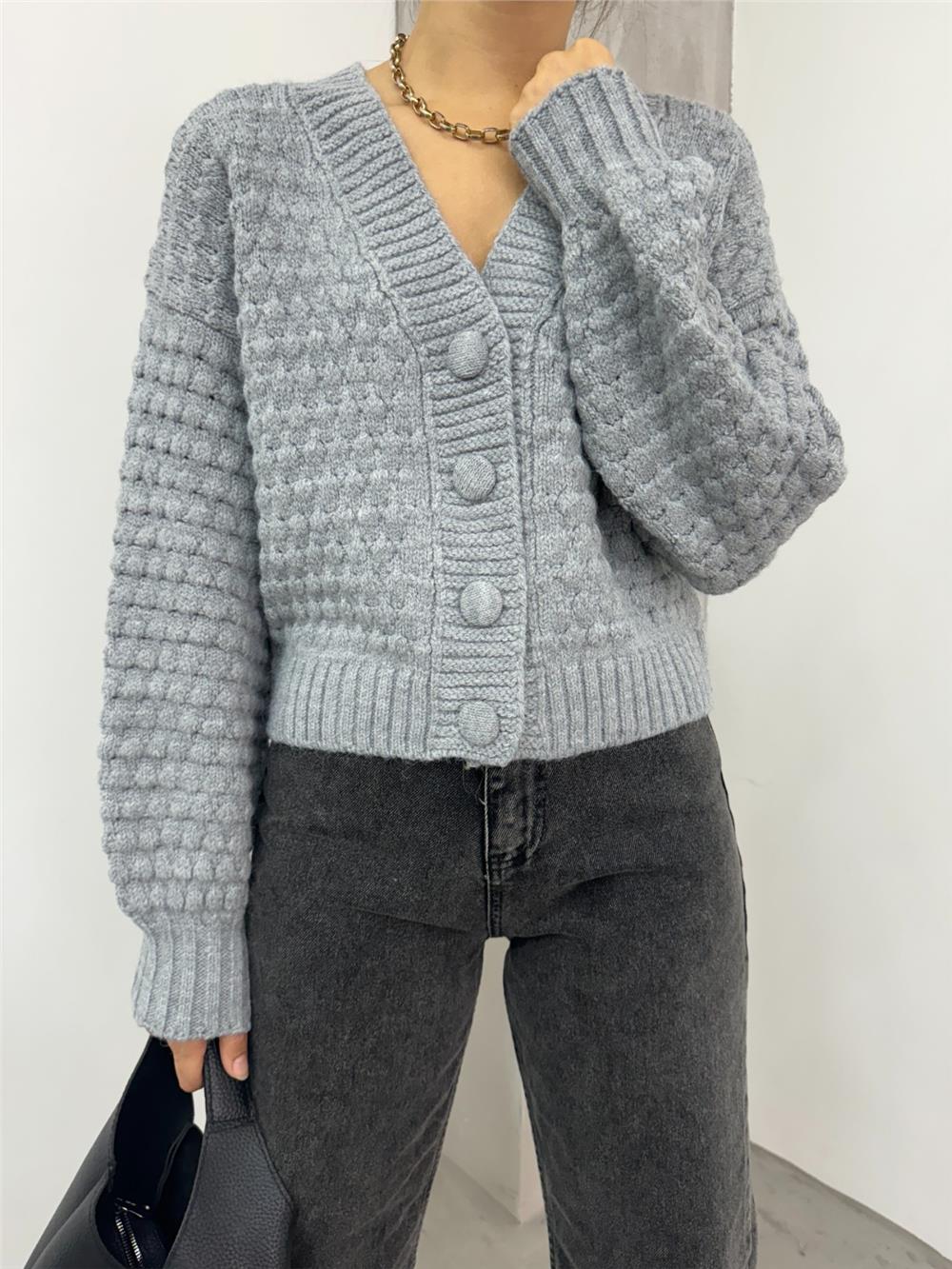 Embossed Knitted Buttoned Knitted Cardigan - Gray-109-0260-R11