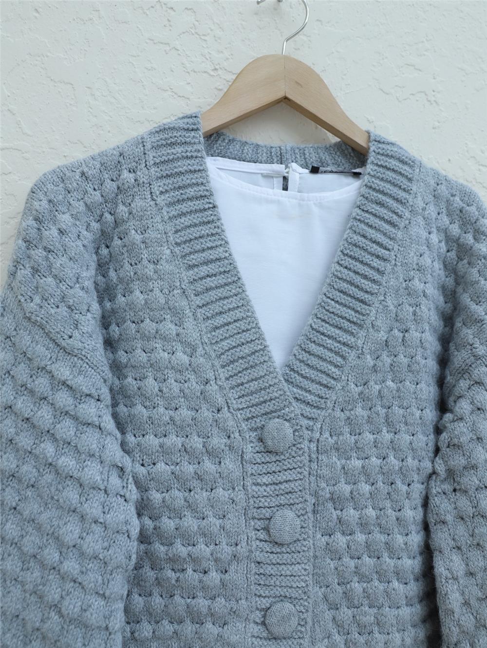Embossed Knitted Buttoned Knitted Cardigan - Gray-109-0260-R11