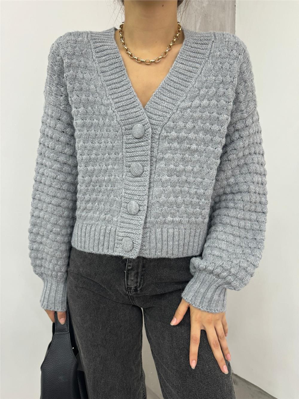 Embossed Knitted Buttoned Knitted Cardigan - Gray-109-0260-R11