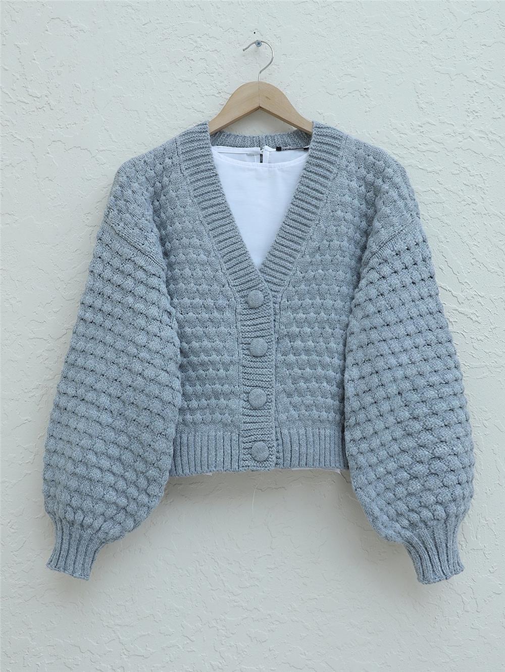 Embossed Knitted Buttoned Knitted Cardigan - Gray-109-0260-R11
