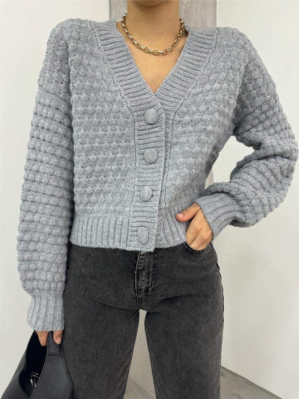 Embossed Knitted Buttoned Knitted Cardigan - Gray-109-0260-R11